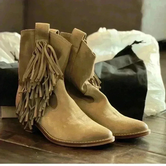 Zadig & Voltaire Women's Pilar High tan suede 
Western Style Ankle Booties fring - Picture 1 of 12